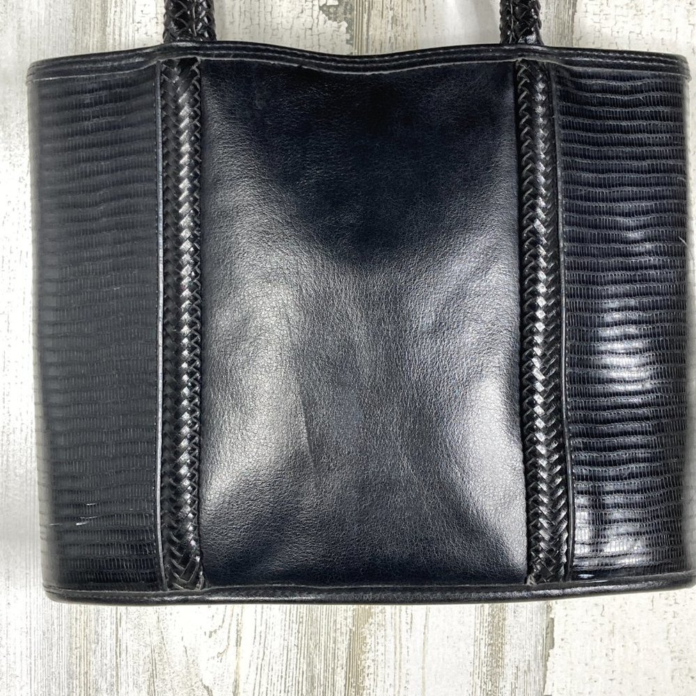 Kaela Womens Black Braided Leather Croc Tote Bag - Picture 3 of 8